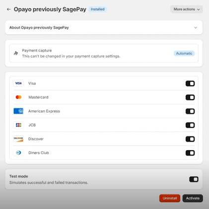 Activate Opayo in Shopify settings